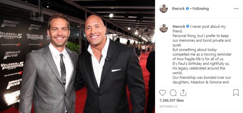 The Rock about Paul Walker together