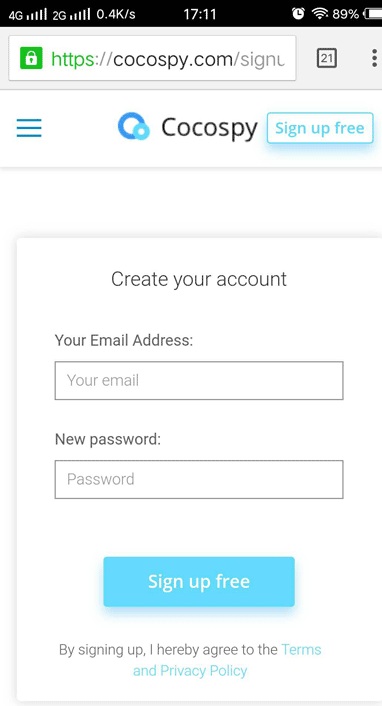Sign up on Cocospy
