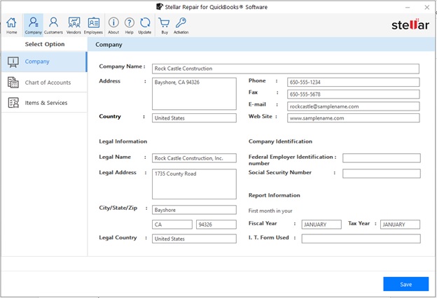 Click OK. The software shows a preview of the data extracted from the QB data file. The preview shows the repaired data of the Company, Customers, Vendors, and Employees