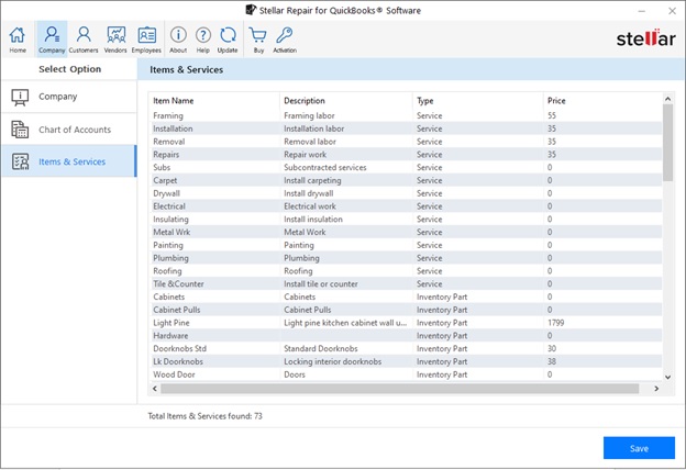 Clicking on the Company tab in the preview window shows the data that can be retrieved from 'Charts of Accounts' and ‘Items & Services