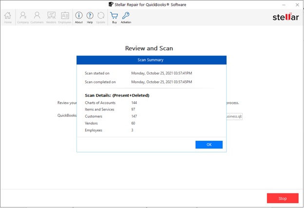 On completing the scanning process, a dialog box appears summarizing the scan details. The details include all the records (present and deleted) in the scanned file