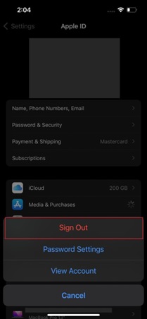 On tapping the option, you will find multiple options appearing across the pop-up menu on the screen. Click on “Sign Out” to log you out of the Apple ID without the passwor