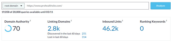 Domain Authority of Prohealth Site
