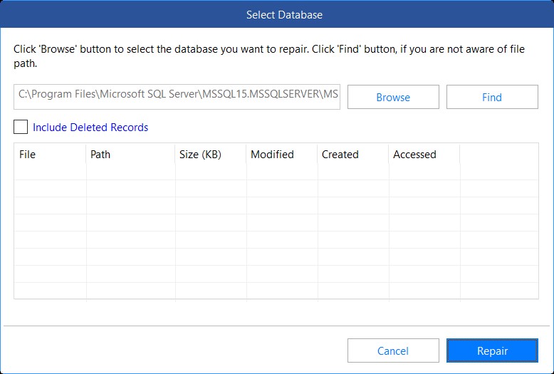 Browse and select corrupt database file to repair