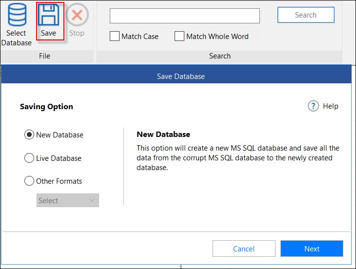 Saving Options to Save the repaired database file