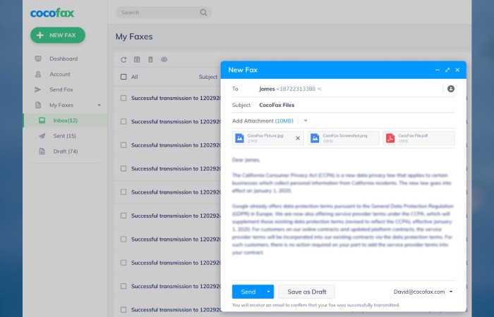 CocoFax Dashboard email