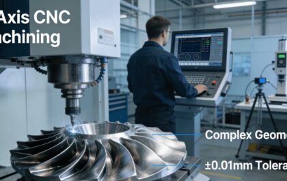 5-axis CNC machining center processing complex aerospace component with real-time monitoring, achieving ±0.01mm tolerance in single setup