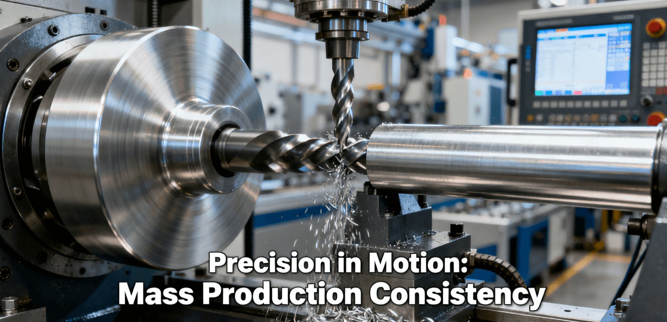 A CNC turning machine in a modern factory precision-machining a 6061
aluminum billet for heat sink components, showcasing automated mass production.
