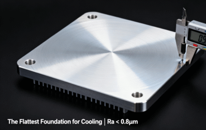 Close-up of a high-end aluminum CNC turned heat sink base with a mirror-like finish, being measured for flatness with a digital dial indicator.