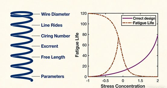 Engineering diagram showing how spring design parameters (wire diameter, coil count, free length) affect stress distribution and fatigue life, with data curves comparing optimized vs. suboptimal designs.