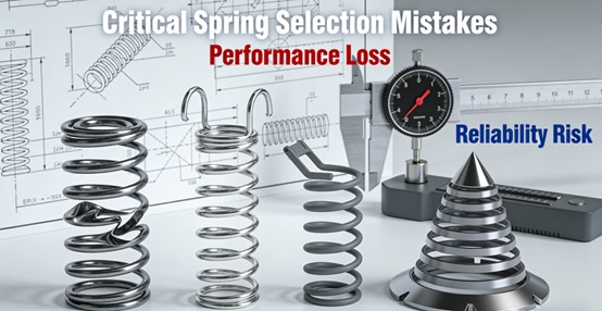 Comparison of four main spring types (compression, extension, torsion, disc) highlighting common selection errors like material mismatch or sizing issues, leading to performance degradation and failure in mechanical systems.