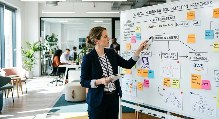 Engineer presenting a database monitoring tool selection framework on a whiteboard with sticky notes and decision paths