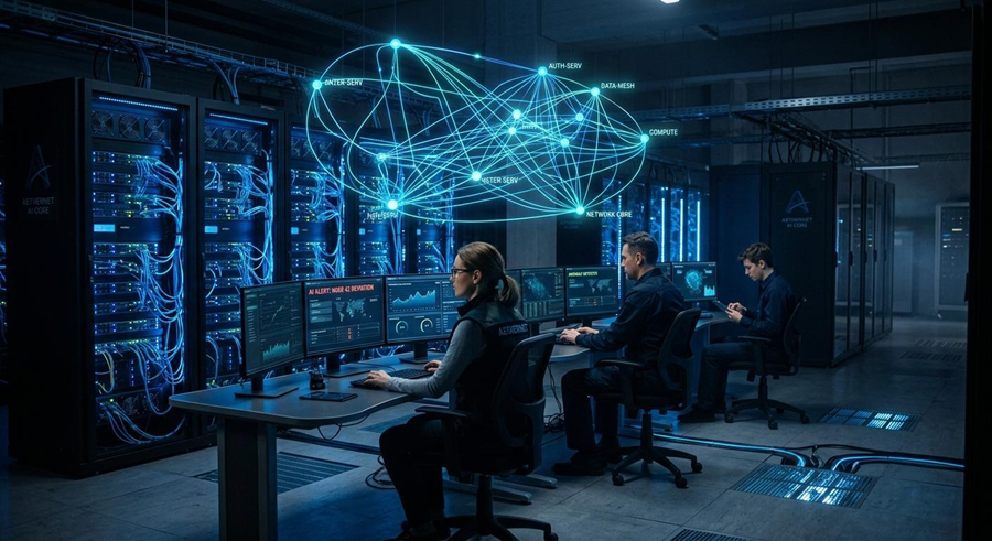 Engineers in a server room with glowing AI network topology visualization floating above their workstations