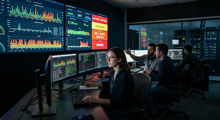Real-time database monitoring operations center with engineers watching colorful metric dashboards