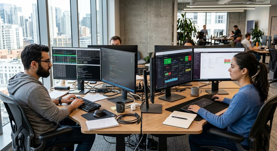 Two engineers are facing workstations, one using open-source terminal monitoring tools, one using a polished SaaS dashboard