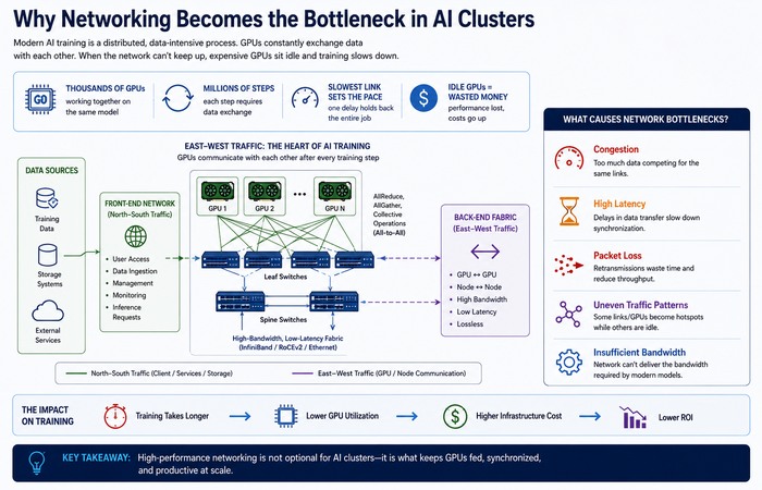 AI Networking Infrastructure: The Fabric Behind Modern GPU Clusters 1 ai networking bottleneck overview