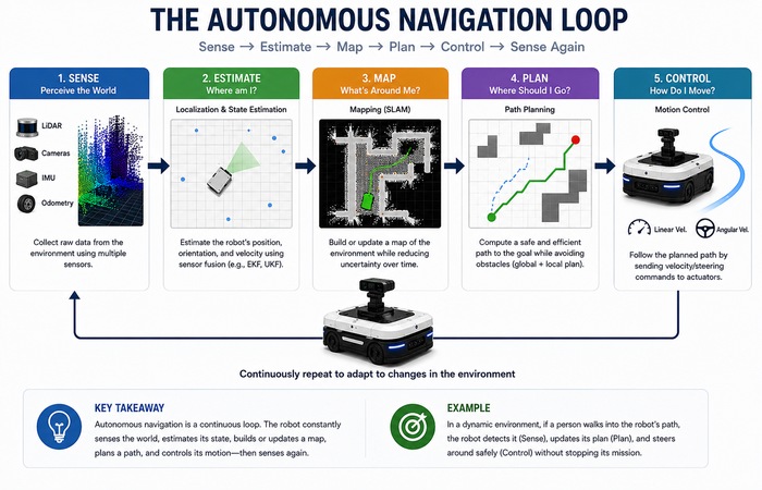 Robot Navigation & Autonomy: How Robots Localize, Plan, and Move 1 autonomous robot navigation loop