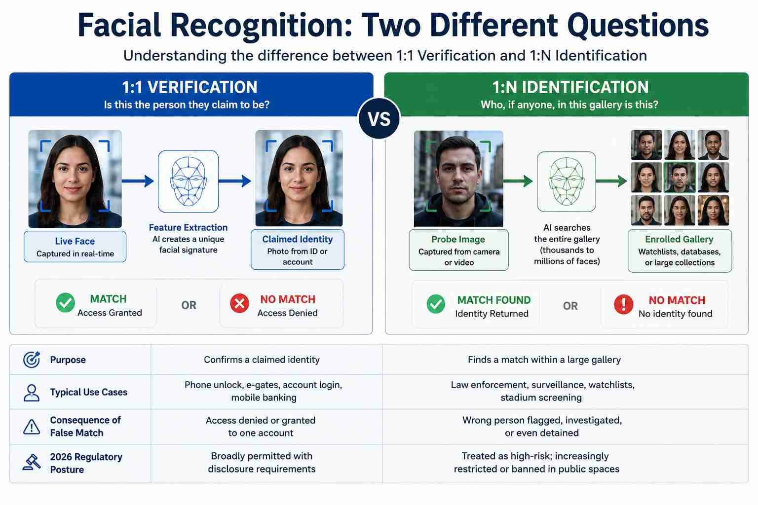 Facial Recognition: How It Works, Security, Bias, and Compliance 3 facial recognition 1 1 vs 1 n identification