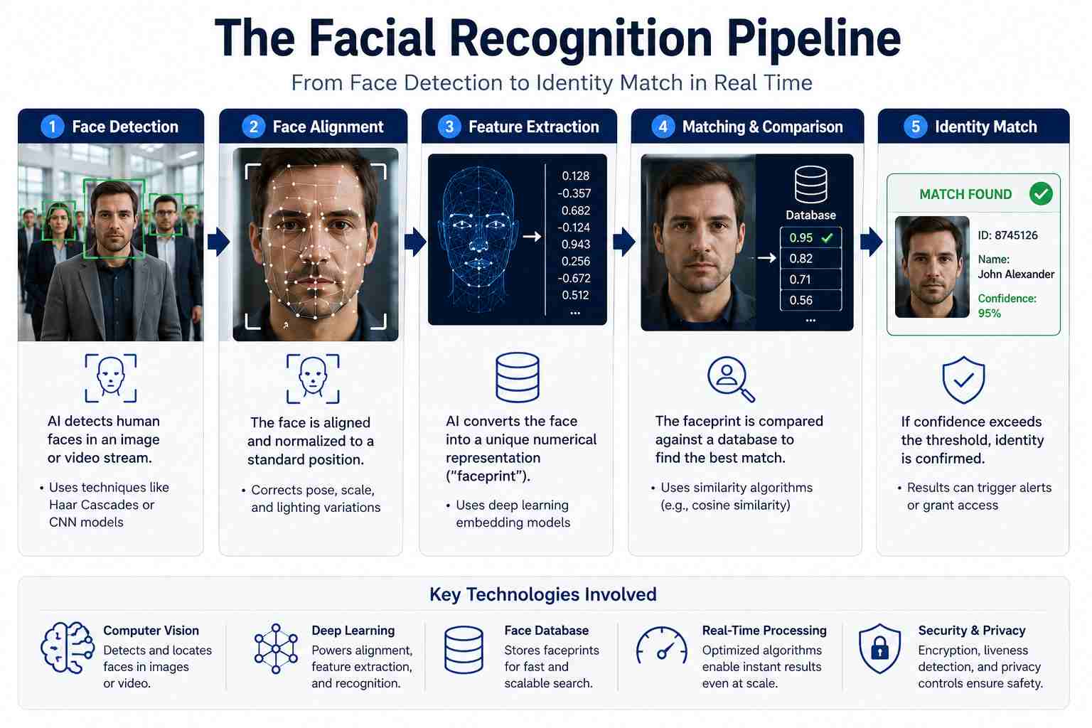 Facial Recognition: How It Works, Security, Bias, and Compliance 4 facial recognition pipeline