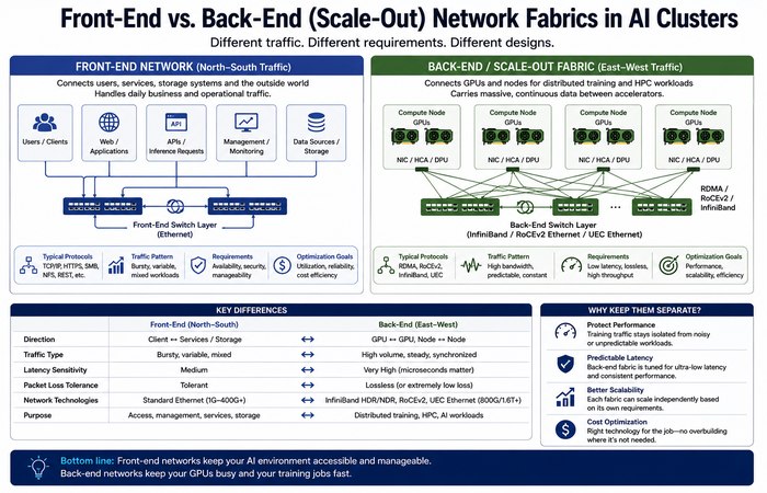 AI Networking Infrastructure: The Fabric Behind Modern GPU Clusters 2 frontend vs backend ai network fabrics
