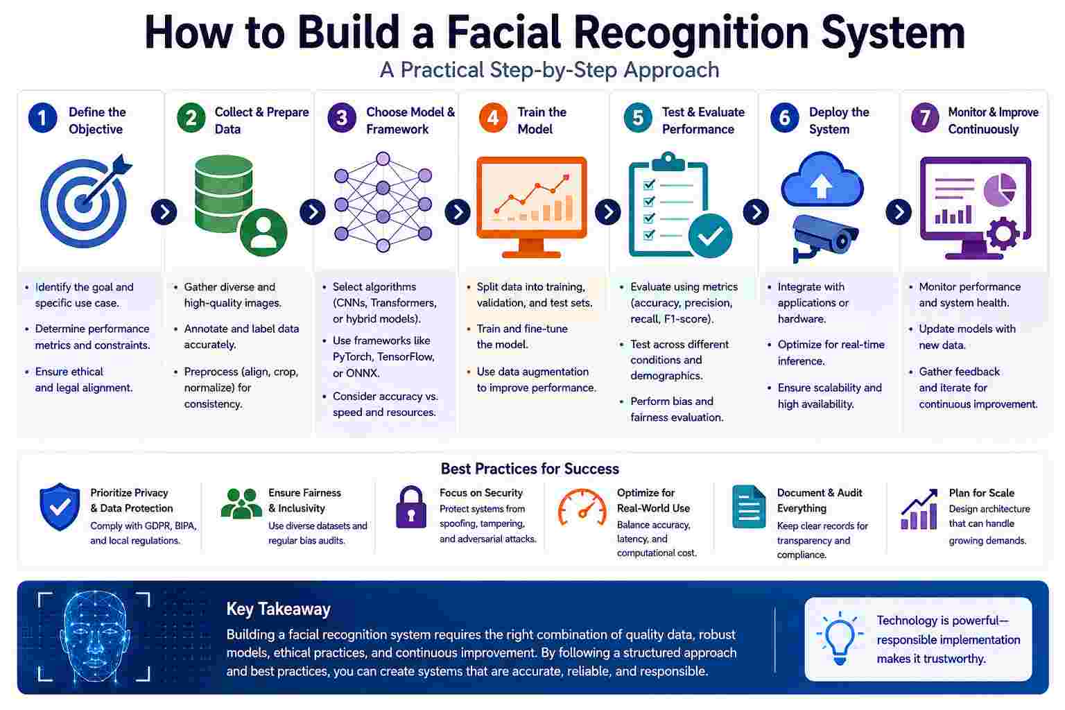 Facial Recognition: How It Works, Security, Bias, and Compliance 11 how to build facial recognition system workflow