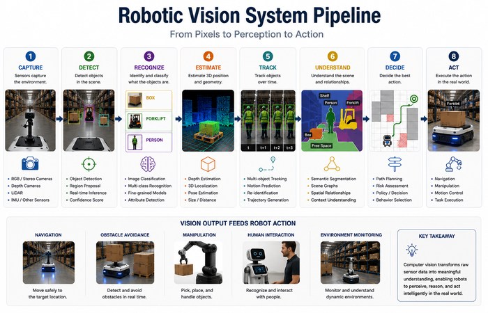 Computer Vision for Robotics: How Robots See and Understand the World 2 robotic vision system pipeline
