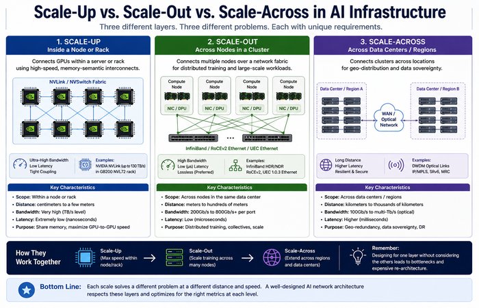 AI Networking Infrastructure: The Fabric Behind Modern GPU Clusters 3 scale up scale out scale across-ai networking
