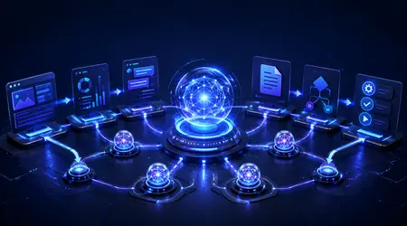 Central AI agent coordinating connected automated workflows and digital tasks