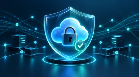 Cloud and padlock protected by a shield with a compliance checkmark
