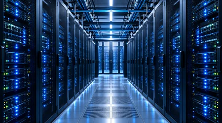 Server racks in a modern data center aisle