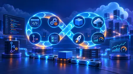 DevOps and software delivery workflow connecting code, testing, deployment, cloud infrastructure and monitoring