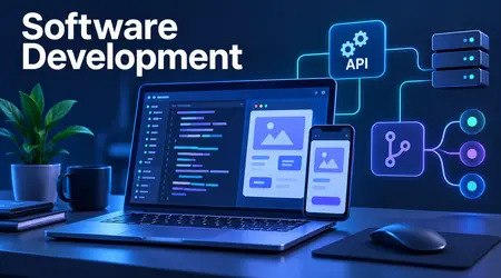 Software development on a laptop with app and API visuals
